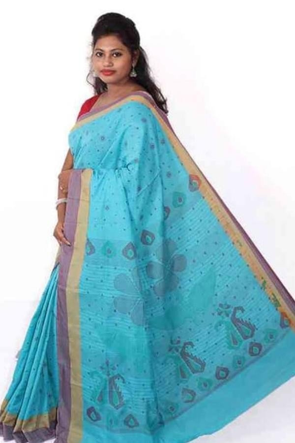 Women Full Cotton Saree Blue