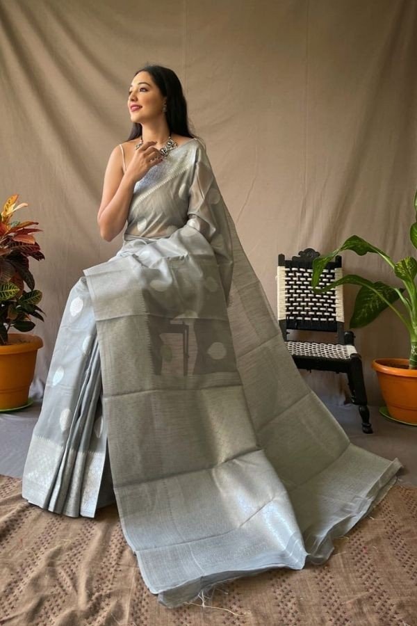 Linen Saree Silver Zari Work All Over