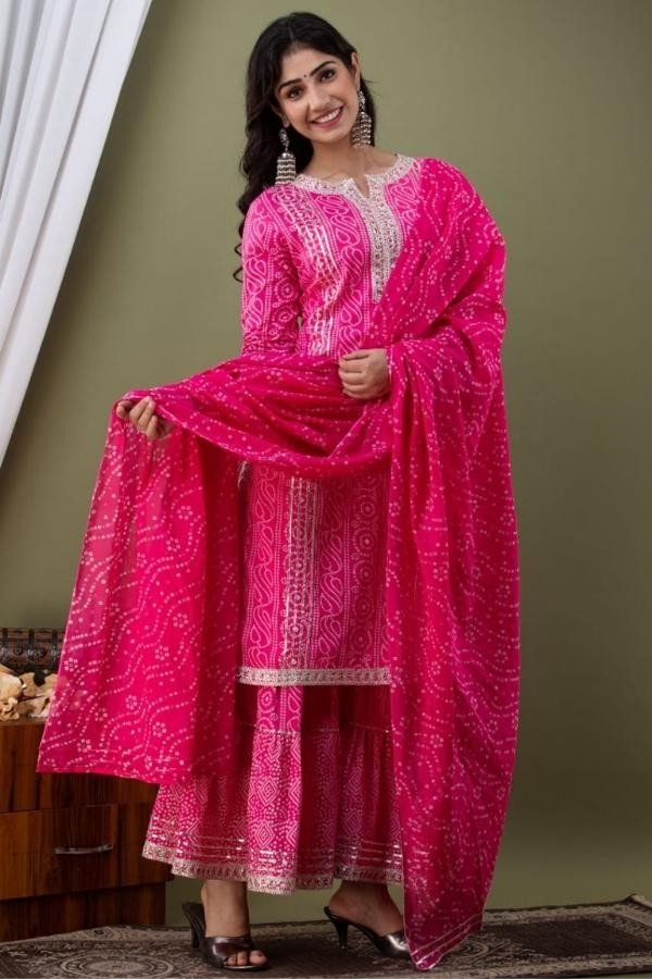 Pink Cotton Kurti, Sharara and Dupatta set