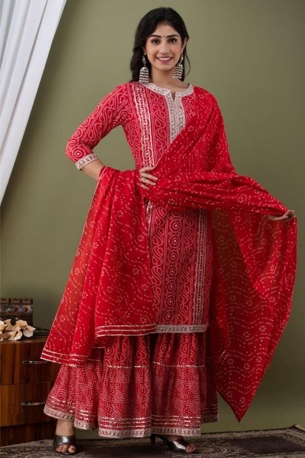 Red Cotton Kurti, Sharara and Dupatta set