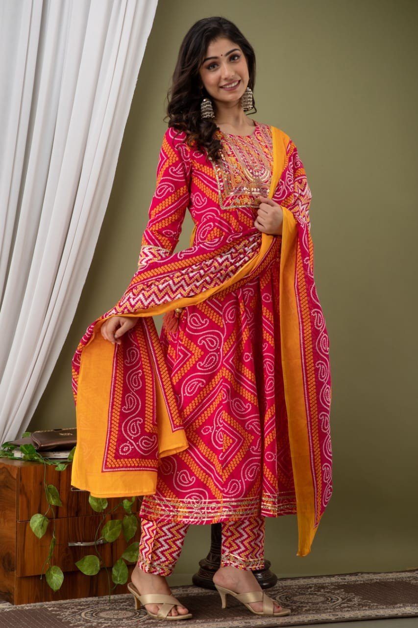 Cotton Anarkali Kurti, Pant & Dupatta