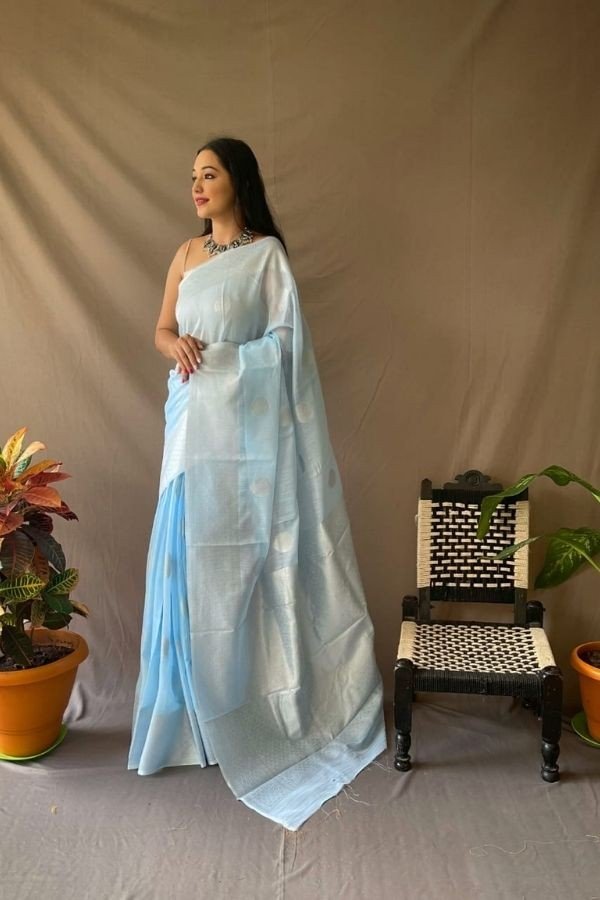 Linen Saree Silver Zari Work All Over