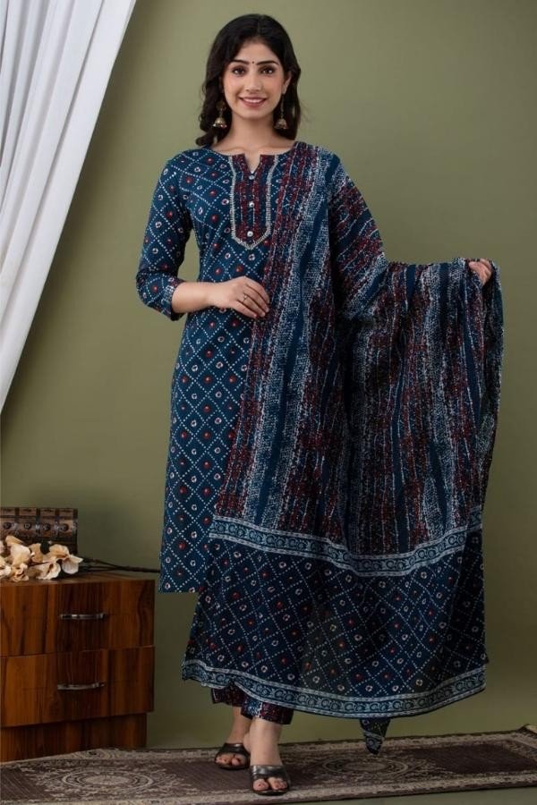 Blue Cotton Kurti Leggings and Dupatta set