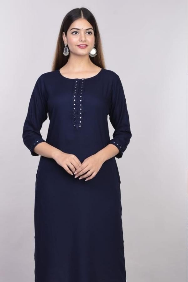 Blue Rayon Embroidery Long Kurti