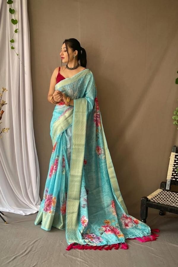 Linen Saree With Attached Blouse Piece