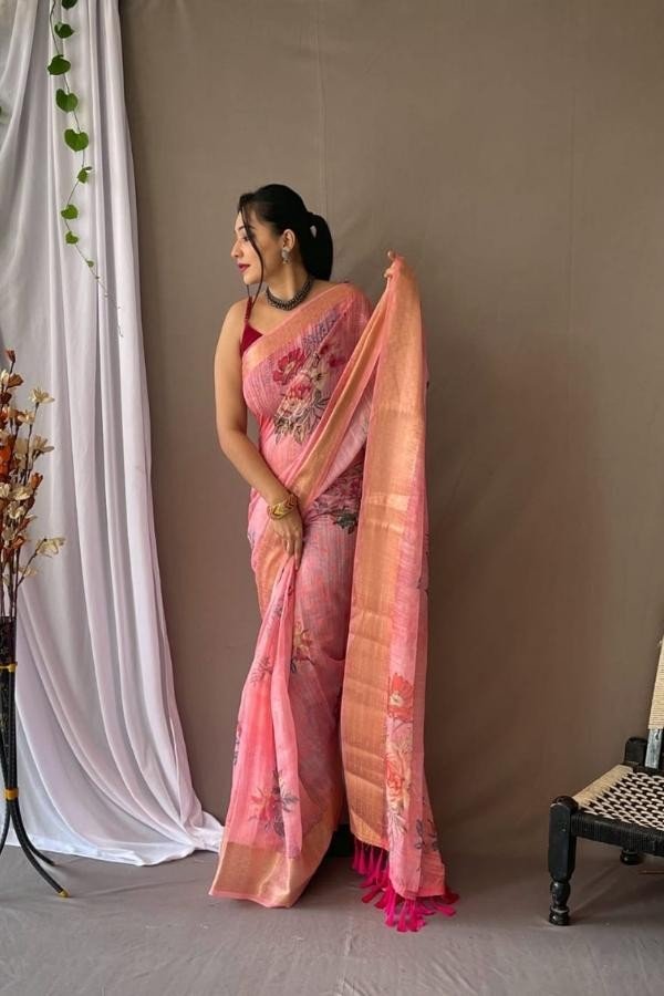 Linen Saree With Attached Blouse Piece
