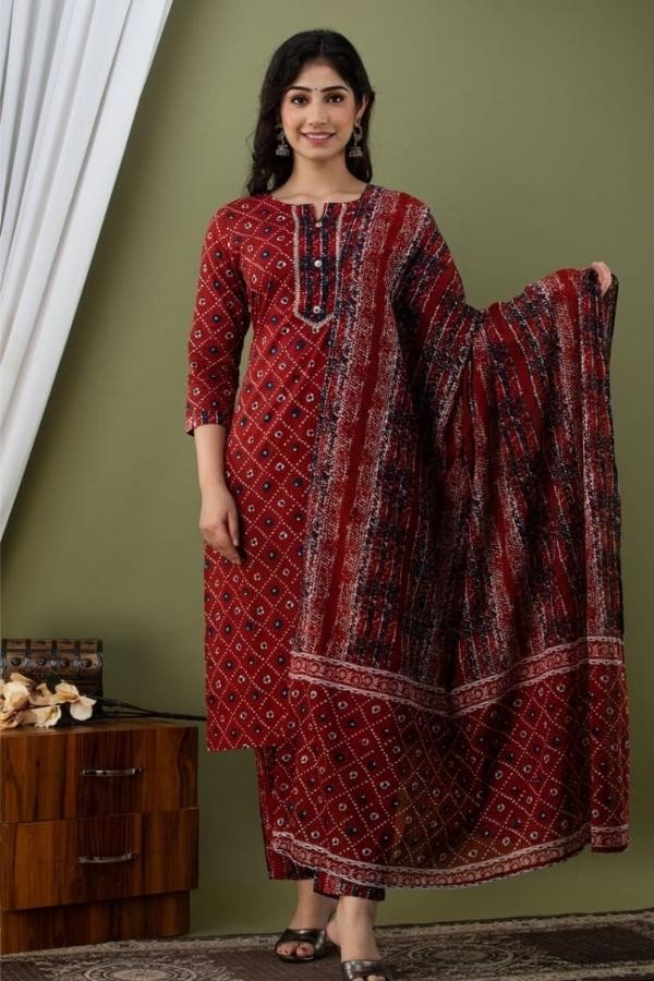 Red Cotton Kurti Leggings and Dupatta set