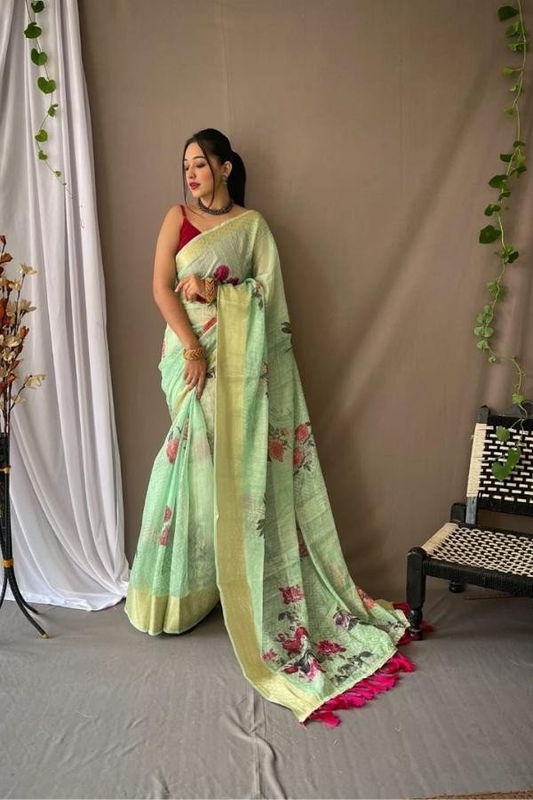 Linen Saree With Attached Blouse Piece